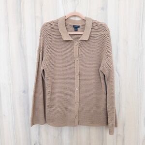 Halogen Womens Crochet Knit Collared Cardigan Size‎ M Beige Quiet Luxury Capsule